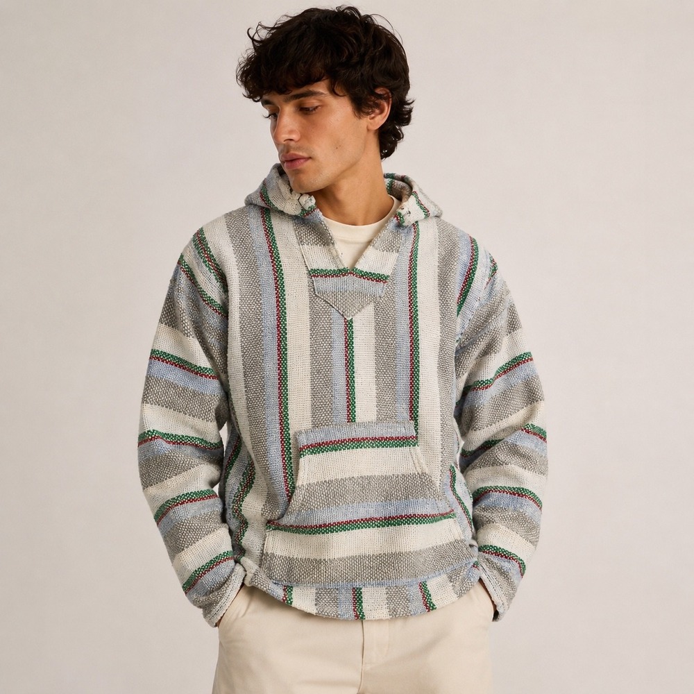 Baja Hoodie Mexican Blanket Drug Rug Striped Pullover Surf Boho Size S
